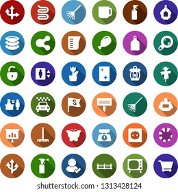 Color back flat icon set - ham vector, farm fence, scarecrow, taxi, passport control, elevator, tv, parfume, sprayer, towel, presentation graph, window cleaning, plates, rake, butterfly, plant label
