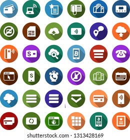 Color back flat icon set - phone alarm vector, no mobile, laptop, wireless notebook, mirror, bitcoin, sim card, tracking, term, payment, credit, tap pay, exchange, cloud glass, browser, menu, upload