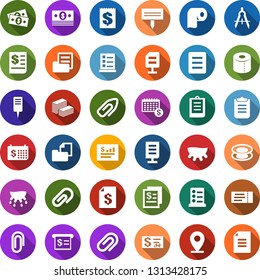 Color back flat icon set - udder vector, ticket, list of services, toilet paper, plant label, draw, pin, cash, receipt, clipboard, folder document, big, finance calendar, account statement, check