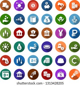 Color back flat icon set - japanese chart vector, blockchain cube, bitcoin wallet, house hold, yen, ruble, cent, coin, dollar sun, bank, account, money bag, piggy, investment, cash pay, encashment