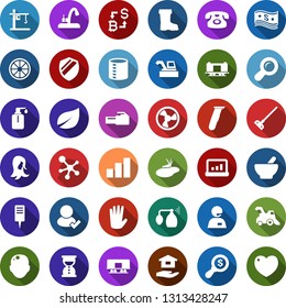 Color back flat icon set - orange vector, harvester, pump sprayer, bald head, electric razor, phone, rubber glove, mortar, woman hair, growth graph, bitcoin exchange, molecule, liquid soap, boot