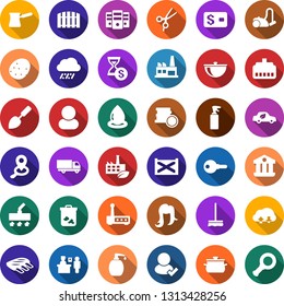 Color back flat icon set - rain vector, ribs, potato, passport control, scissors, sprayer, woman hair, vacuum cleaner, mop, trash bin, liquid soap, flower in pot, trowel, house, fence, factory, eco