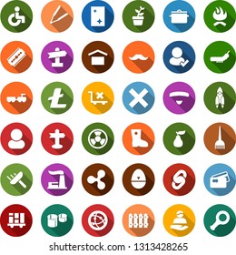 Color back flat icon set - pear vector, disabled, baggage larry, razor blade, mustache, hair iron, dye, ripple sign, litecoin, rocket, chain, scraper, window cleaning, flower in pot, wheelbarrow
