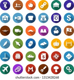 Color back flat icon set - berry vector, pumpkin, potato, carrot, plum, fence, escalator, smoking place, washer, clouds, plane, mustache, bitcoin chip, chain, rake, sponge, ladder, hoe, picnic table