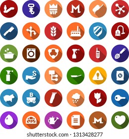 Color back flat icon set - rain vector, fertilizer, pig, suitcase, escalator, vip, electric razor, sprayer, monero sign, mining, molecule, vacuum cleaner, water drop, washer, foam basin, garden fork