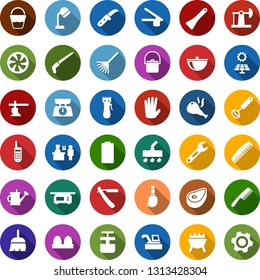 Color back flat icon set - harvester vector, plow, passport control, comb, razor, hair trimmer, hood dryer, rubber glove, cooling, broom, vacuum cleaner, bucket, trowel, rake, watering, pruner, hoe