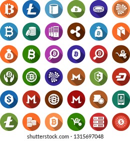 Color back flat icon set - bitcoin sign vector, ripple, litecoin, dash, iota, monero, neo, mining farm, palm, bag, search, globe, cloud, shield, phone, wheelbarrow, coin, insurance, dollar sun