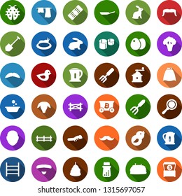 Color back flat icon set - sheep vector, rabbit, farm fence, hay, broccoli, bald head, mustache, cloack, mining, drying clothes, foam basin, garden fork, shovel, lady bug, caterpillar, pond, bird