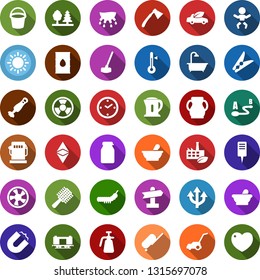Color back flat icon set - mortar vector, udder, suitcase, baby, comb, etherium, clothespin, bath, shovel, sickle, garden knife, bench, fireplace, bucket, lawn mower, sun, hoe, axe, plant label, fan