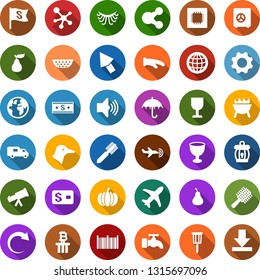 Color back flat icon set - duck vector, pumpkin, pear, plane radar, comb, eyelashes, molecule, bitcoin column, water tap, fence, tree, axe, garden light, cpu, car delivery, fragile, umbrella, dollar