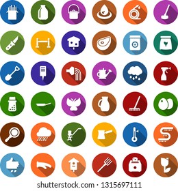 Color back flat icon set - sowing vector, fence, sprayer, trowel, garden fork, tree, lady bug, house, water drop, knife, bench, fireplace, caterpillar, pond, shovel, farm, ripper, rake, watering can