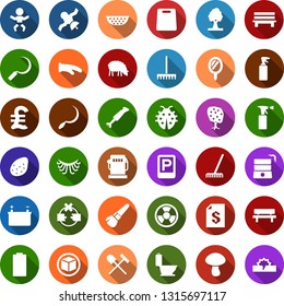 Color back flat icon set - shovel and rake vector, sheep, potato, fruit tree, parking, baby, mirror, make up brush, sprayer, eyelashes, cube, toilet, fence, butterfly, well, sickle, picnic table