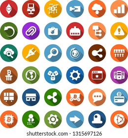 Color back flat icon set - bomb in case vector, plane globe, etherium, ripple sign, mining, growth graph, bitcoin card, chip, storefront, lock chain, power plug, column, earth, consolidated cargo