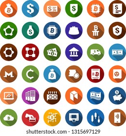 Color back flat icon set - monero sign vector, neo, mining farm, equipment, japanese chart, bitcoin bag, cloud, chip, safe, blockchain molecule, notebook blocks, column, cash, dollar, cent, coin