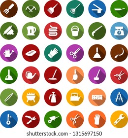 Color back flat icon set - scissors vector, hair dye, tweezers, mining, plunger, broom, sponge, rubber glove, garden fork, shovel, farm, rake, watering can, bucket, saw, knife, axe, sprayer, pruner