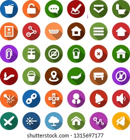 Color back flat icon set - escalator vector, no mobile, laptop, lock chain, bucket, toilet, fence, caterpillar, laser, navigation, cloud network, home, bench, unlock, user, open menu, low volume