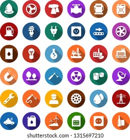 Color back flat icon set - offshore oil platform vector, fan, gas station, flask, windmill, pipeline, thermal power plant, barrel, bulb, hydro, line pillar, plug, socket, forest, eco factory, gear