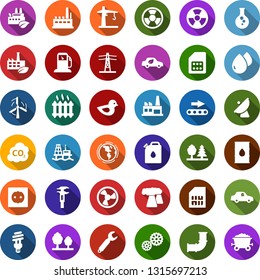 Color back flat icon set - offshore oil platform vector, fan, gas station, flask, windmill, pipeline, earth, thermal power plant, barrel, line pillar, socket, forest, factory, eco, gear, conveyor