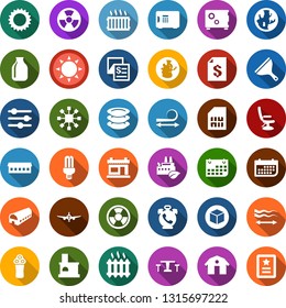 Color back flat icon set - barn vector, sun, farm, cafe, phone alarm, plane, electric razor, barbershop building, hairdresser chair, hair straightening, cube, blockchain, scraper, plates, fireplace