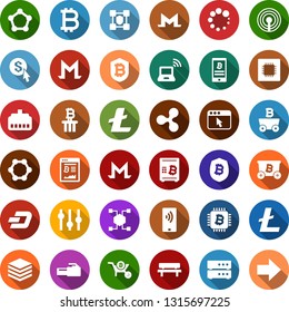 Color back flat icon set - antenna vector, wireless notebook, bitcoin sign, ripple, litecoin, dash, monero, mining, site, shield, safe, phone, blockchain molecule, cube, wheelbarrow, column, chip