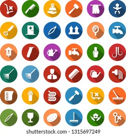 Color back flat icon set - baby vector, medical room, comb, mirror, nail polish, electric razor, wave of hair, tweezers, towel, rake, water tap, house hold, watering can, lawn mower, bird, client