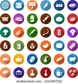 Color back flat icon set - spike vector, field, milk, can, eggs, pig, steak, ribs, mushroom, sausage, berry, pumpkin, onion, carrot, pear, plum, corn, cheese, broccoli, hot cup, plates, sickle