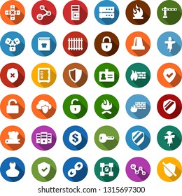 Color back flat icon set - scarecrow vector, fence, barrier, identity, stamp, safe, blockchain shield, lock chain, hose, flammable, insurance, cloud, big data, server, firewall, unlock, key, siren