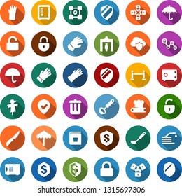 Color back flat icon set - scarecrow vector, fence, security gate, umbrella, trash bin, safe, blockchain shield, lock chain, rubber glove, boot, hose, insurance, cloud, unlock