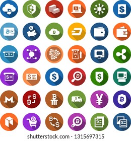 Color back flat icon set - wallet vector, ripple sign, dash, iota, monero, neo, bitcoin exchange, search, cloud, shield, cart, blockchain cube, column, receipt, yen, big cash, insurance, atm, check