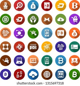 Color back flat icon set - bitcoin sign vector, dash, iota, monero, mining, equipment, exchange, card, site, palm, bag, search, globe, cloud, chip, shield, safe, phone, cart, notebook blocks, cube