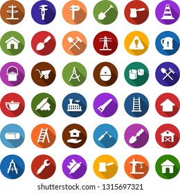 Color back flat icon set - barn vector, shovel and rake, border cone, airport building, house hold, trowel, wheelbarrow, saw, ladder, power line pillar, tower crane, pipes, welding, draw, wrench