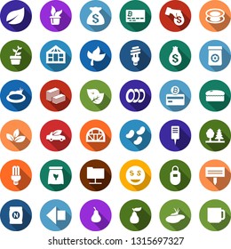Color back flat icon set - leaf vector, fertilizer, pear, left arrow, bitcoin card, seedling, plant label, greenhouse, pond, forest, bulb, eco car, big cash, dollar smile, money bag, encashment