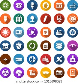 Color back flat icon set - sun vector, farm, cafe, train, phone alarm, plane, airport building, electric razor, barbershop, hair straightening, cube, blockchain, plates, tree, fireplace, eco factory