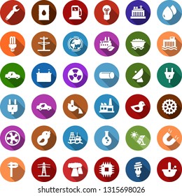 Color back flat icon set - offshore oil platform vector, fan, sun panel, mine trolley, gas station, flask, earth, thermal power plant, barrel, battery, bulb, hydro, line pillar, plug, factory, eco