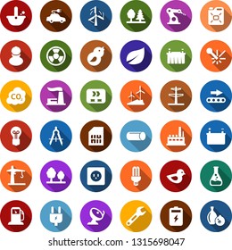 Color back flat icon set - battery vector, leaf, gas station, flask, windmill, thermal power plant, bulb, line pillar, plug, socket, forest, factory, conveyor, workman, canister, bird, nuclear, co2