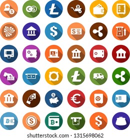 Color back flat icon set - safe vector, ripple sign, litecoin, iota, bitcoin wheelbarrow, wallet, dollar, euro, currency, coin, bank, account, atm, cash, piggy, pay, encashment car, check, purse