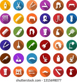Color back flat icon set - scissors vector, comb, razor, shampoo, mustache, hair trimmer, iron, dye, hood dryer, barbershop building, shaving brush, hairdresser chair, straightening, wave of, woman