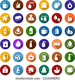 Color back flat icon set - milk vector, can, distilizer, hot cup, pump sprayer, shampoo, parfume, sponge, water drop, splotch, liquid soap, cleaning agent, canister, metallurgy, glass bottle, tea