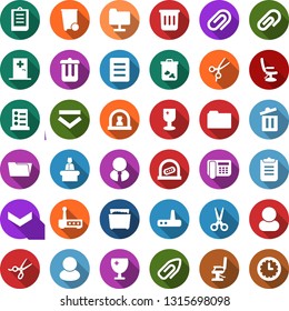Color back flat icon set - trash bin vector, reception, ticket office, medical room, scissors, hairdresser chair, list of services, shining window, phone, clipboard, network folder, router, user
