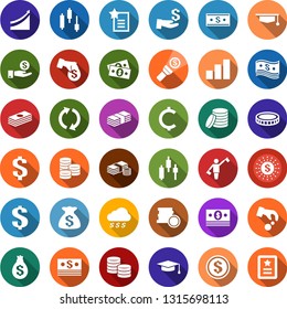 Color back flat icon set - dispatcher vector, japanese chart, growth graph, cash, dollar sign, cent, coin, exchange, money rain, sun, bag, investment, encashment, torch, graduate hat, favorites