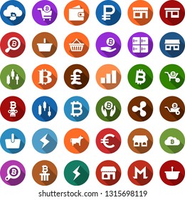 Color back flat icon set - cow vector, shop, checkroom, wallet, bitcoin sign, ripple, storm, japanese chart, growth graph, palm, search, cloud, storefront, cart, basket, wheelbarrow, column, store
