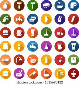 Color back flat icon set - creme vector, shampoo, razor, electric, rubber glove, towel, soap, water tap, fetlock, mop, sponge, car, bath, toilet brush, liquid, paper, shower, sink
