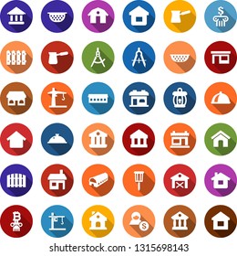 Color back flat icon set - barn vector, farm, barbershop building, bitcoin column, fence, house, garden light, tower crane, draw, store, bank, account, home