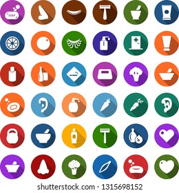 Color back flat icon set - broccoli vector, mortar, carrot, orange, smoking place, medical room, creme, shampoo, nose, ear, razor, eyelashes, tweezers, soap, liquid, glass bottle, heavy, heart