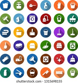Color back flat icon set - bucket vector, washer, scraper, broom, vacuum cleaner, fetlock, mop, sponge, car, scoop, steaming, washing powder, cleaning agent, rubber glove