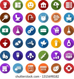 Color back flat icon set - leaf vector, electric razor, hair dye, beard, iota sign, mining, farm, bitcoin site, cart, window cleaning, toilet, brush, shining, shower, sink, garbage pile, garden fork