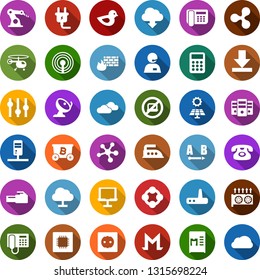 Color back flat icon set - antenna vector, coffee machine, no laptop, clouds, helicopter, phone, ripple sign, mining, equipment, molecule, power plug, iron, sun panel, socket, bird, cpu, satellite