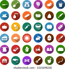 Color back flat icon set - barn vector, sun, sowing, mortar, cow, distilizer, eggs, wool, rabbit, ribs, sausage, farm fence, manger, hay, pumpkin, carrot, plum, fruit tree, corn, tractor, bucket