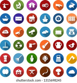Color back flat icon set - barn vector, rabbit, plum, plow, reception, clouds, mirror, nail polish, make up brush, shaving, cube, rake, welcome mat, foam basin, tree, fire, house, bench, fence, axe