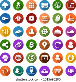 Color back flat icon set - antenna vector, clouds, bitcoin chip, notebook blocks, cpu, earth, server, cloud lock, big data, browser, gear, equalizer, menu, hub, router, lan connector, share, refresh